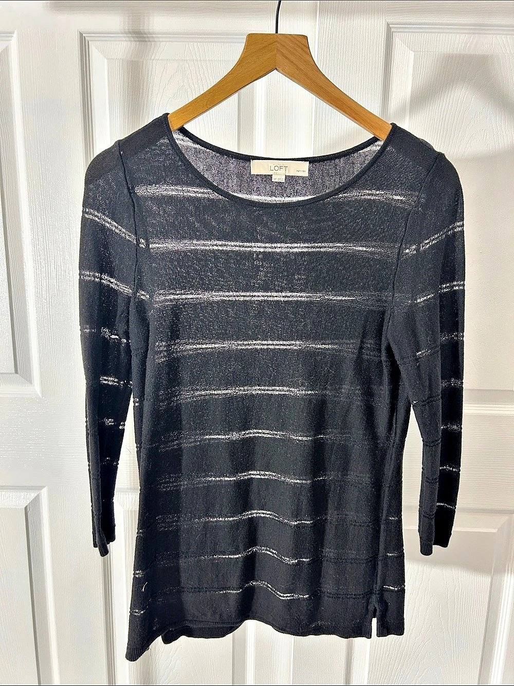 LOFT Striped Long Sleeve Top in Black & Silver Size Small petite